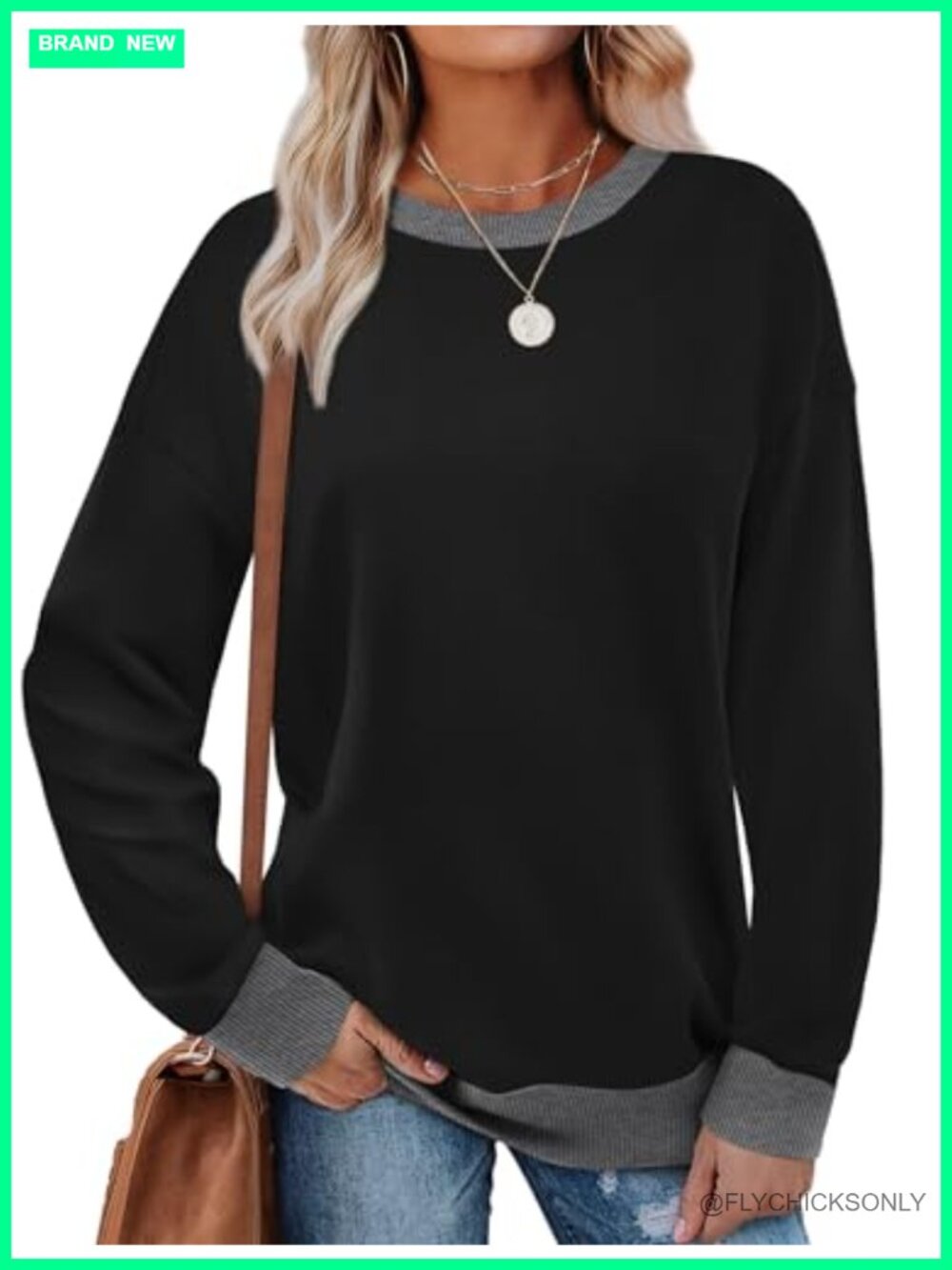 Women's Color Block Crewneck Sweatshirt Long Sleeve Loose Fit Ribbed Trim